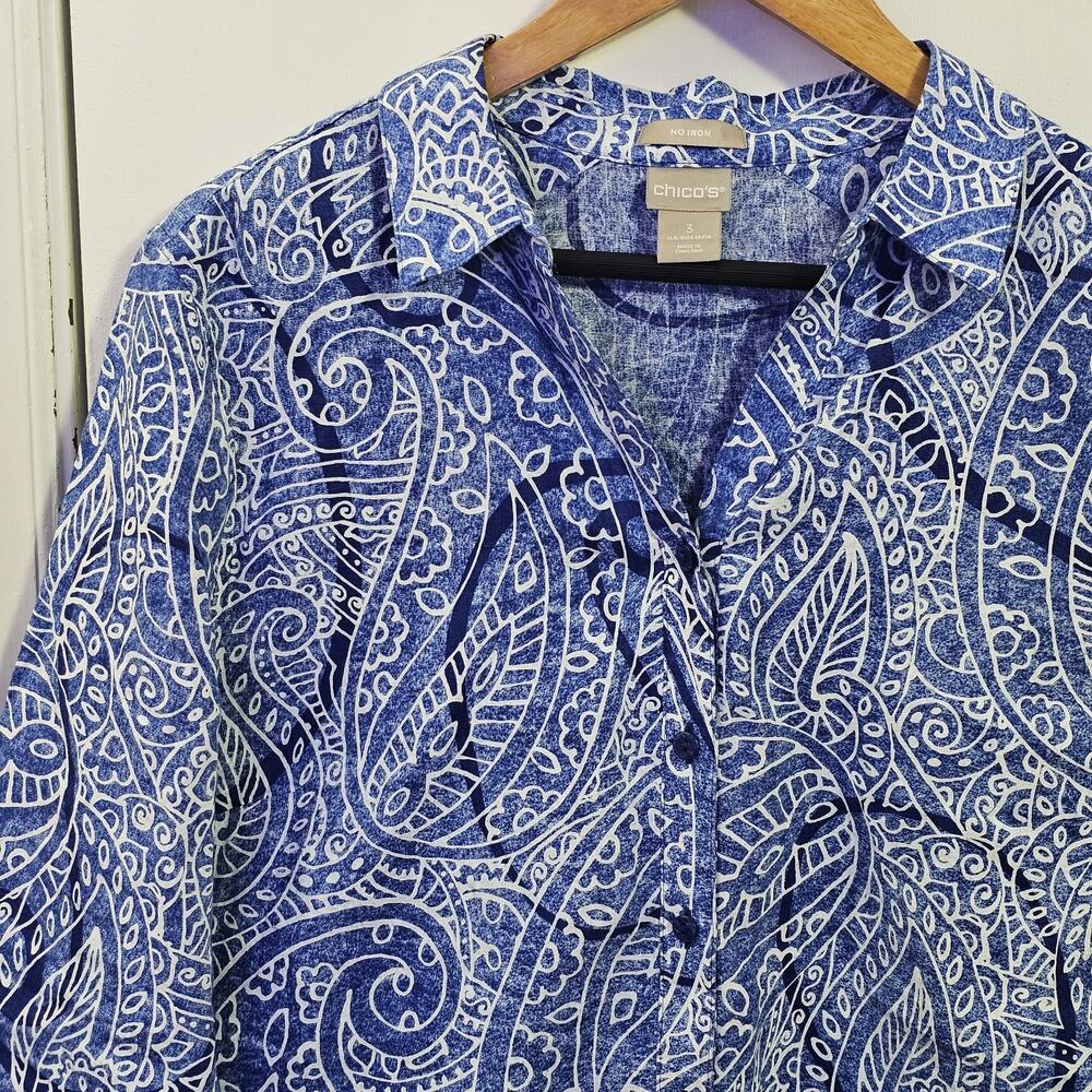 Chico's No Iron Blue & White Cotton Button Up Paisley 3/4 Sleeve Sz 16/18 XL